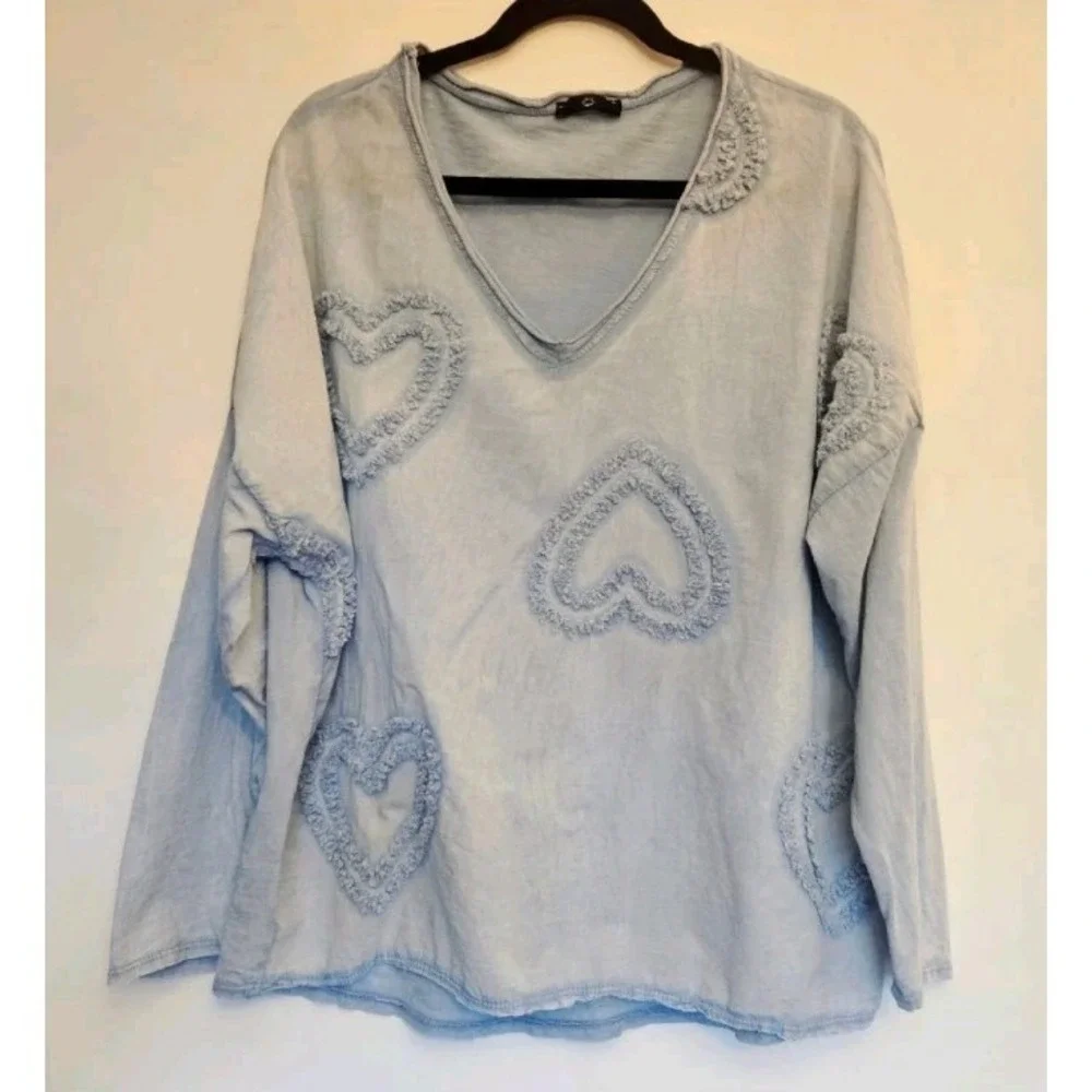 Made in Italy 100% Cotton Heart‎ Appliqué Lagenlook Oversized Boho Top Size O/S